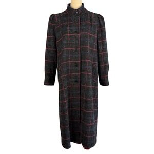Vintage Plaid Maxi Coat Wool Blend Mock Neck Pink‎ Blue Gray Womens Large Mexico